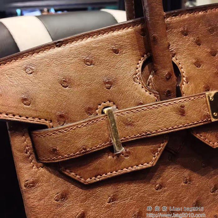 HERMES愛馬仕 鉑金包 Birkin 30 南非原產KK級鴕鳥皮 頂級工藝 土黃 手縫蠟線 手提包  Ama1229